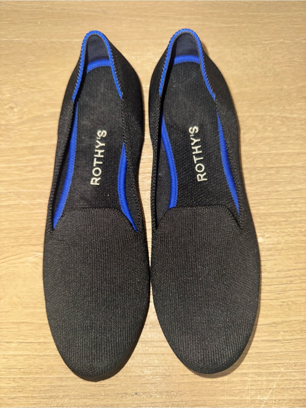 Rothy's Black Slip-On Loafers with Blue Trim